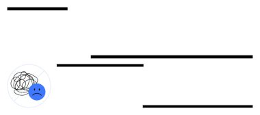 Basit yatay siyah çizgilerin yanında stres ya da zihinsel mücadeleye atıfta bulunan karmaşık çizgileri olan mavi üzgün bir yüz. Stres, akıl sağlığı, tükenme, kafa karışıklığı, terapi, endişe, basit