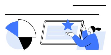 Kişi, üzerinde bir yıldız olan bir tablet ekranda turta grafiğinin yanında işaret eder. Teknoloji, veri, kullanıcı geribildirimi, değerlendirme, analitik ve dijital iletişim eğitimi için ideal. Düz basit metafor