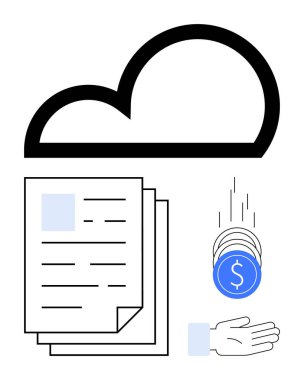 Belgelerin üzerindeki bulut depolama simgesi, bozuk paraların açık bir ele düşmesi. Bulut hizmetleri, dosya paylaşımı, finans, yatırım, dijital çözümler, veri yönetimi, basit iniş sayfası