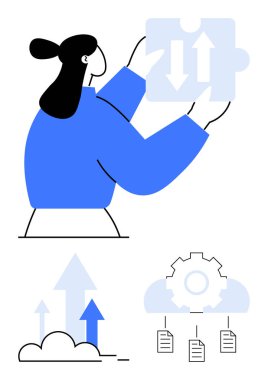 Kişi yapboz parçasını okla yükseltir. Arkadaş görselleri bulut yüklemesi ve entegre dosyaları içerir. Sorun çözme, çözüm oluşturma, takım çalışması, sistem entegrasyonu ve teknoloji için ideal