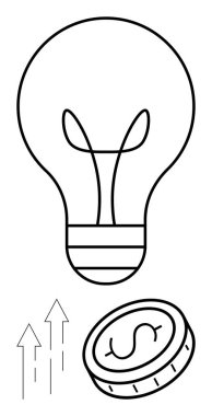 Ampul yaratıcılığı simgeliyor. Oklar büyümeyi gösteriyor. Madeni kazancı simgeliyor. Yenilikçilik kavramı, iş büyümesi, yatırım fikri, girişimcilik, yaratıcılık, ekonomi için ideal