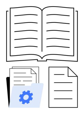Vites simgesi taşıyan bir klasör ile kitap ve belge yığınını aç. Eğitim, araştırma, veri yönetimi, arşiv, öğrenme, dijital organizasyon, takım çalışması için ideal. Düz basit metafor