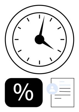Siyah elli analog saat yüzü, yüzde sembolü ve bir belge simgesi izleme ve düzenleme zamanını vurguluyor. Zamanlama, verimlilik, planlama, teslim tarihleri, verimlilik, analiz için ideal