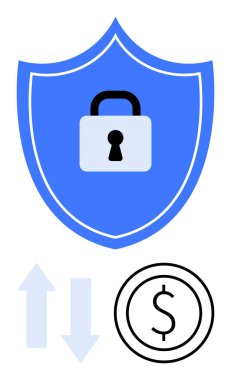 Güvenlik için kilit simgesi olan mavi kalkan, finansal işlemler için dolar işareti ve veri transferi için oklar. Siber güvenlik, fintech, bankacılık, çevrimiçi ödemeler, dijital güvenlik, güvenli veriler için ideal