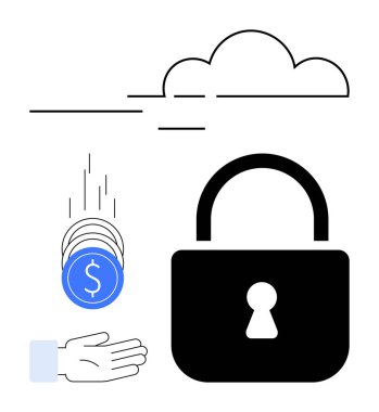 Asma kilit ve madeni paralar bir bulutun altında açık bir ele düşerek finansal güvenliği, bulut deposunu, yatırımı, nakit akışını, mahremiyeti, güveni ve veri güvenliğini sembolize eder. Fintech bankacılık için ideal