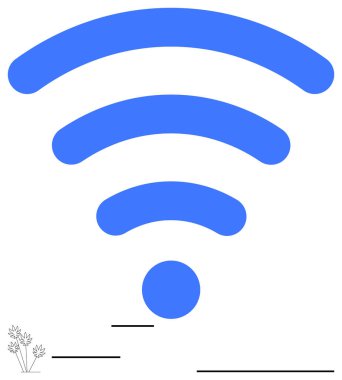 Radyasyon yay ve küçük bir bitki grafikli mavi kablosuz sinyal. Bağlantı, teknoloji, ağ, internet, iletişim, arayüz, yenilik temaları için idealdir. Düz basit metafor
