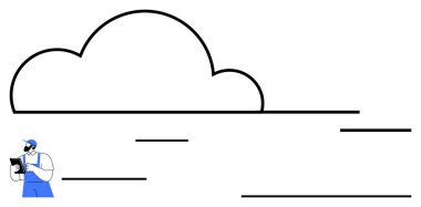 Mavi tulumlu işçi, bulutların yanında tablet tutuyor, bulut hesaplama olduğunu ima ediyor. Teknoloji desteği, veri depolama, bulut hizmetleri, bilişim izleme, yenilik, teknoloji için ideal
