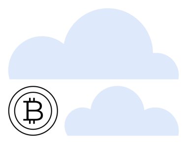 İki mavi bulut ve bir Bitcoin logosunun minimum tasarımı, kripto tabanlı bulut depolama veya dijital yeniliği sembolize ediyor. Engelleme zinciri, kripto para birimi, finans, fintech, teknoloji, güvenlik, bulut için ideal