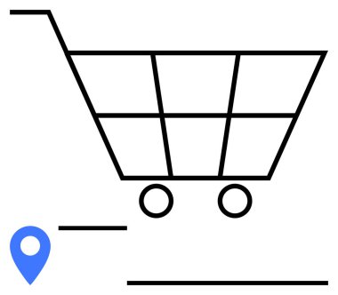 Minimalist alışveriş arabası tasarımı ve konum rozeti online alışveriş, lojistik, dağıtım, mağaza navigasyonu, e-ticaret, perakende çözümleri, tüketici seyahatini temsil ediyor. Dijital ticaret dairesi için ideal