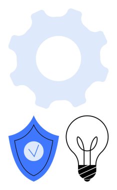 Vites, kontrol işaretli kalkan ve yeniliği, güvenilirliği, problem çözmeyi ve güvenliği temsil eden ampul. Teknoloji, güvenlik, yaratıcılık geliştirme, üretkenlik süreci için ideal