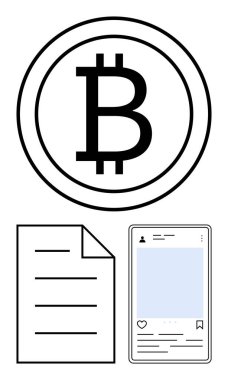 Çemberde Bitcoin sembolü, çizgileri olan belge ve gezici bir yerleşim yeri. Şifreli para, finans, teknoloji, dijital trendler, çevrimiçi sosyal medya ödemeleri için ideal. Düz basit