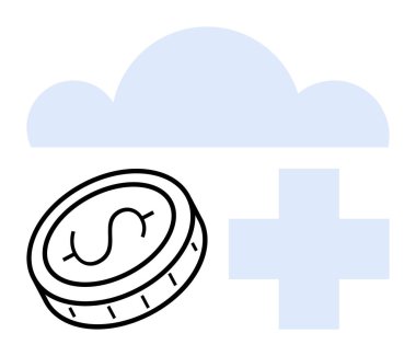 Mavi bulut ve artı işaretinin yanında dolar işareti olan sikke. Finans, bulut hesaplama, yatırım teknolojisi, dijital bankacılık, çevrimiçi platformlar, modern yenilik, basit iniş sayfası için ideal