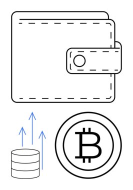 Üzerinde Bitcoin sembolü olan cüzdan ana hatları, veri yığınından yukarı doğru aktarıldığını gösteren oklar. Kripto para birimi, dijital bankacılık, engelleme zinciri, finans, fintech, online ödemeler için ideal. Düz