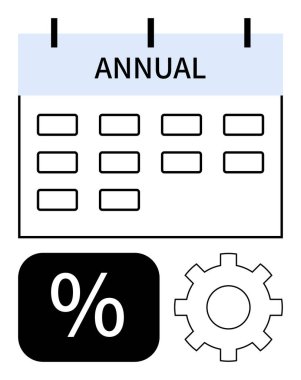 Cesur yıllık başlıklı yıllık takvim ızgarası. Yüzde simgesi ve dişli sembolü içerir. Finans, planlama, optimizasyon, üretkenlik, iş stratejisi, zaman yönetimi için ideal