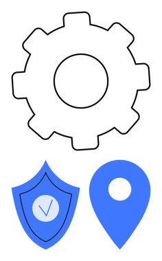 Yapılandırma için vites, güvenlik için işaretli kalkan ve konum hizmetleri için harita şifresi. Teknoloji, navigasyon, güvenlik, uygulama ayarları, kullanıcı arayüzü, yazılım sade iniş sayfası için ideal