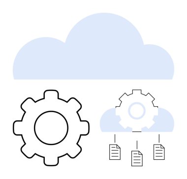 Veri yönetimi ve teknolojiyi temsil eden bir dişli sembolü ve bağlantılı belgeleri olan bir bulut. Bulut depolama, otomasyon, iş akışı, dijital dönüşüm, sistem senkronizasyonu için ideal