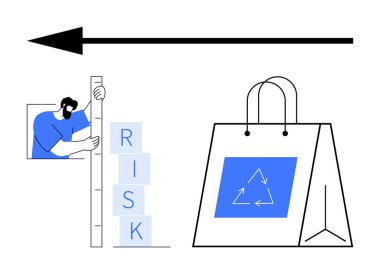 Geri dönüşüm logosu ve yön oku olan bir kese kağıdının yanında risk bloklarını ölçen kişi. Risk yönetimi, sürdürülebilirlik, ekonomi, karar verme, eko-bilinç, geri dönüşüm, basit