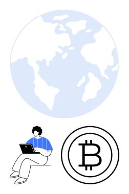 Basitleştirilmiş dünya haritası ve Bitcoin logosu altında çalışarak ekonomik bağlantıyı yansıtan serbest çalışan bir yazar. Uzak çalışma, küreselleşme, kripto para birimi, finans, teknoloji ve yenilik için ideal