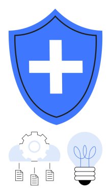 Bulut hesaplama simgelerinden korunmak için haçı olan mavi kalkan, yaratıcılığı simgeleyen teçhizat, belgeler ve ampul. Güvenlik, teknoloji, yenilik, sağlık, bulut için ideal
