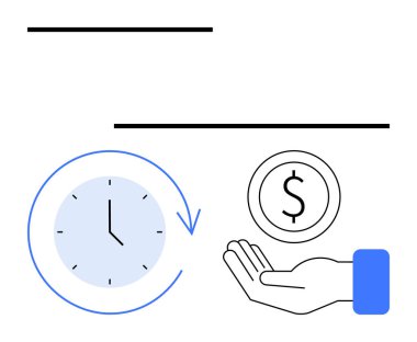 Zamanı simgeleyen dairesel oklu bir saat, maddi kazancı simgeleyen dolar parasıyla bir el. Üretkenlik, zaman değeri, yatırım, verimlilik, bütçe, tasarruf, basit iniş sayfası için ideal
