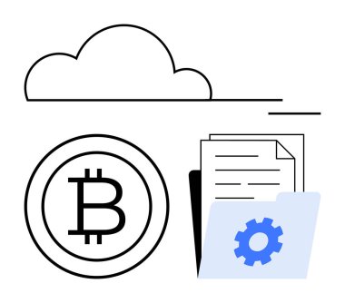 Bitcoin simgesi, teçhizatlı klasör, belgeler ve bulut çizgisi. Kripto para birimi, engelleme zinciri, bulut depolama, dijital güvenlik, finansal teknoloji veri yönetimi için ideal basit metafor