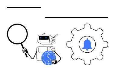 Robot elinde büyüteç ve mavi sikke, çan ikonlu büyük çark. Otomasyon, finans, yapay zeka, analiz, bildiriler, fintech dijital aletler için ideal. Düz basit metafor
