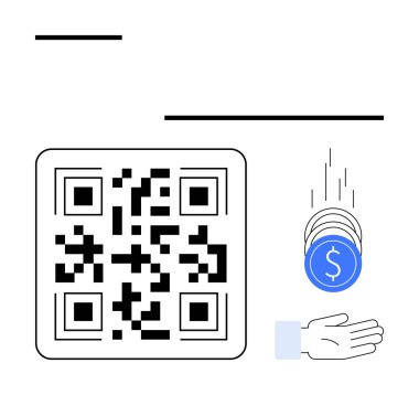 QR koduna, kolay dijital ödemeler ve finansal işlemleri temsil eden madeni paralar eşlik ediyor. Teknoloji, e-ticaret, finans, bankacılık, tasarruf, bağış, basit iniş için ideal