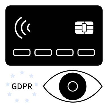 Temassız ödeme kartı, çip, gözetleme için göz ikonu, yıldızlı GDPR mesajı. Finans, teknoloji, ödeme güvenliği, veri koruması, gizlilik uyumluluğu siber güvenlik sade iniş için ideal