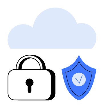 İşaretli bir kilit ve kalkanın üstündeki bulut simgesi gizlilik, güvenlik, şifreleme ve güvenilir çözümleri vurgular. Siber güvenlik, bulut bilgisayarı, teknoloji, dijital güvenlik, depolama için ideal