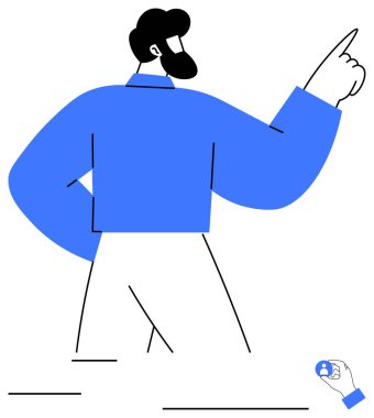 Basitleştirilmiş kişi kendine güveni olan küçük el ele tutuşan takım ikonuyla yukarı bakıyor. Liderlik için ideal, karar verme, takım çalışması, iş büyümesi, kariyer planlaması, rehberlik, düz basit metafor