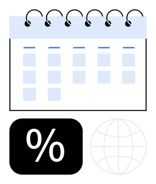 Vurgulanmış tarihli spiral takvim, kara kutuda yüzde işareti ve dünya çizimi. Zaman yönetimi, finans, küresel etkinlikler, planlama, anlaşmalar, organizasyon sade metafor için ideal