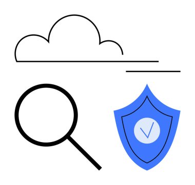 Üzerinde büyüteç ve kalkan simgesi olan bulut, veri güvenliğini, korumayı, bulut çözümlerini, araştırmayı temsil ediyor. Teknoloji, siber güvenlik, arama, veri gizlilik analizleri için ideal