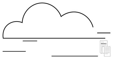 Büyük bulut taslağı ve küçük fatura belgeleri dijital depolamayı vurguluyor. Veri depolama, organizasyon, bulut hesaplama, dosya yönetimi, çevrimiçi işlem, iş için ideal, minimal daire basit