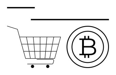 Bitcoin ikonunun yanındaki alışveriş arabası çevrimiçi perakende para ödemelerini sembolize ediyor. Fintech, engelleme zinciri, çevrimiçi alışveriş, e-ticaret, dijital ödeme, yatırım, düz metafor için ideal