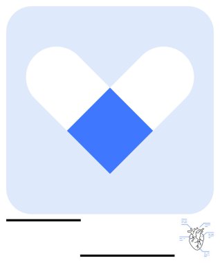 Kalp şeklini oluşturan kapsül sağlık, sağlık, sevgi ve bakım temalarını vurguluyor. Tıbbi markalaşma, ilaç tasarımı, sağlık farkındalığı, modern sağlık teknolojisi hizmetleri için ideal