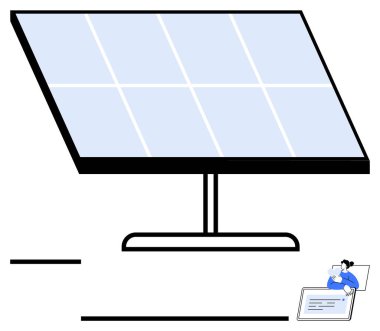 Güneş ışığından yararlanan güneş paneli, profesyonel olarak bir tabletten izleniyor. Enerji, teknoloji, çevre, yenilenebilir kaynaklar, sürdürülebilirlik, yenilikçi alternatif güç için idealdir. Düz basit