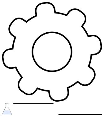 Siyahla ana hatlarıyla küçük şişe ikonu, endüstriyel mekanik ve bilimsel araştırmaları harmanlıyor. Teknoloji, yenilik, deney, sistemler, mühendislik, problem çözme için ideal