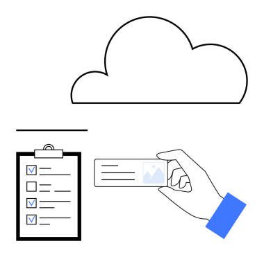 Listede mavi işaretli bir bulut ve fotoğraf tutacağı olan bir kimlik kartı. Veri yönetimi, bulut depolama, dijital güvenlik, kimlik doğrulama, görev izleme, iş