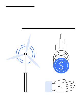 Rüzgar türbini enerji üretir ve bozuk paralar uzanan ellere düşer. Yenilenebilir enerji, sürdürülebilirlik, yeşil ekonomi, çevresel koruma, finansal büyüme, çevre dostu büyüme için ideal