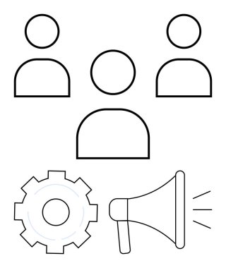 Bir grubu temsil eden üç kullanıcı simgesi, süreci optimizasyonu sembolize eden bir dişli ve iletişim için bir megafon. Takım çalışması, işbirliği, pazarlama, iletişim, strateji ve ağ için ideal