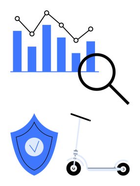 Çizgi grafikli bar çizelgesi, büyüteç, işaretli kalkan ve e-scooter. Analiz, teknoloji, güvenlik, hareketlilik çözümleri için ideal, teminat araştırması basit iniş sayfası