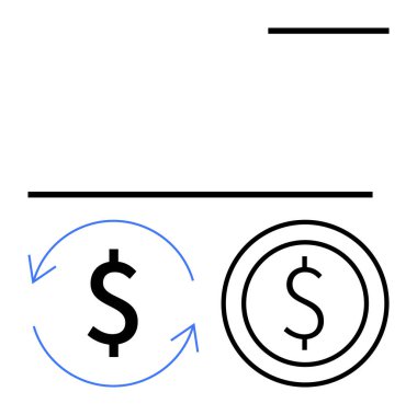 Para birimi işaretleri dairesel bir ok ve madeni para ana hatlarıyla kaplıdır, bu da para değişimi, ödeme ve işlemleri temsil eder. Ekonomi, bankacılık, finans, yatırım, e-ticaret fintech tasarrufları için ideal