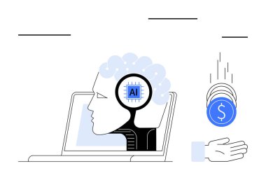 El yapımı insan kafası dizüstü bilgisayardan çıkıyor, makine öğrenmesini simgeliyor, madeni paraların eline düşmesini simgeliyor. Fintech, AI, otomasyon, yenilik, teknoloji, dijital dönüşüm için ideal
