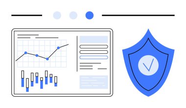 Analitik gösterge panelinde siber güvenliği sembolize eden bir kalkan ile birlikte grafikler, çizelgeler ve metinler var. Analiz, veri güvenliği, iş anlayışı, teknoloji, koruma ve basit iniş için ideal