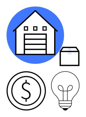 Dikdörtgen bir kutu, para sikkesi ve ampule sahip depo grafiği depolamayı, finansal yatırımı, lojistiği ve yenilikçi çözümleri sembolize ediyor. İş, finans ve lojistik için ideal