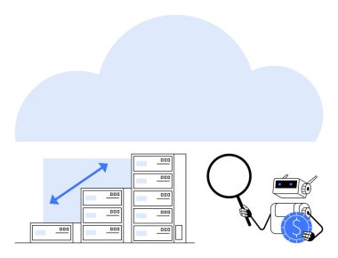 Robot, ölçeklenebilir sunucu yığınları ve büyüteçlerle bulut veri deposunu inceliyor. Analizi, yeniliği ve maliyet verimliliğini gösteriyor. Teknoloji, bulut hesaplama, yapay zeka ve veri yönetimi için ideal