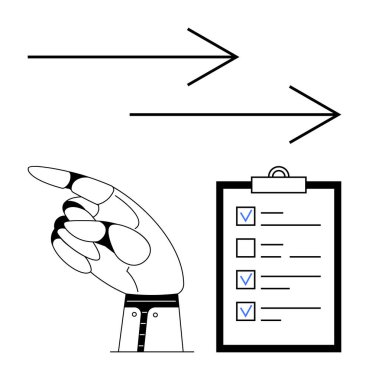 İşaretli görevler içeren işaretli listeli okları gösteren robot el. Otomasyon, görev öncelikleri, teknoloji, iş akışı, verimlilik, karar verme, basit iniş sayfası için ideal