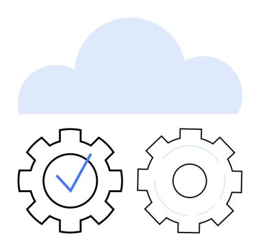 İki dişlinin üzerinde bulut simgesi var, birinde işaret var. Bulut hesaplama, yapılandırma, teknoloji kurulumu, süreç optimizasyonu, iş akışı yönetimi, otomasyon, basit iniş sayfası için ideal