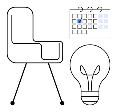 Sandalye, parlayan ampul ve işaretli gün takvimi yaratıcı düşünme, üretkenlik ve verimli programlamayı vurguluyor. Yenilik, planlama, zaman yönetimi, işyeri stratejisi için ideal