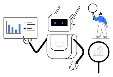 Robot veri tablosu, büyümeyi vurgulayan bir büyüteç ve balonu olan bir insan gösteriyor. Yapay zeka, otomasyon, analitik, veri bilimi, yenilik, teknoloji sade iniş sayfası için ideal